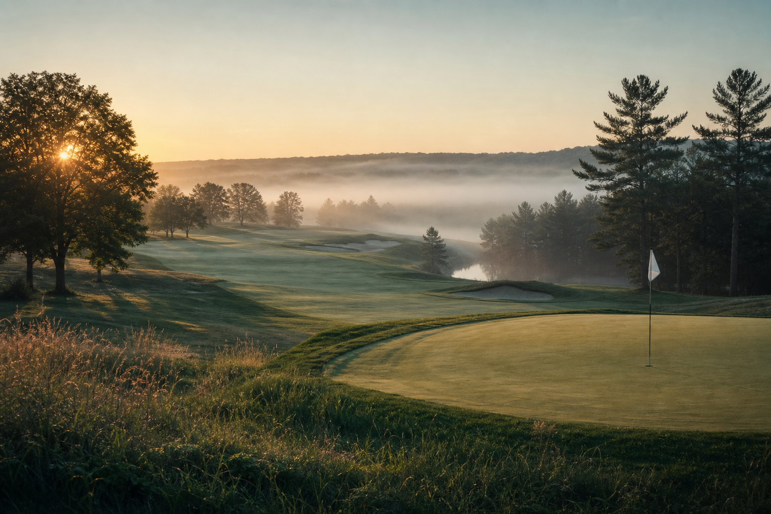 A quiet golf course at misty dawn