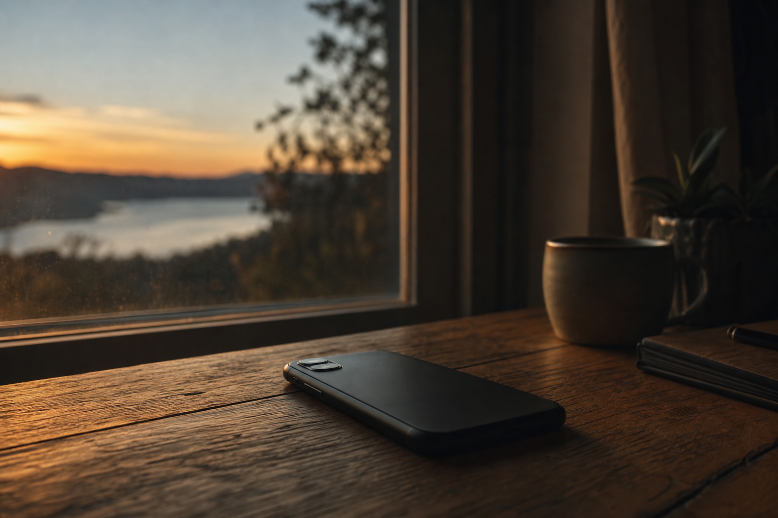 A smartphone lying face-down on a wooden table by a window at dusk